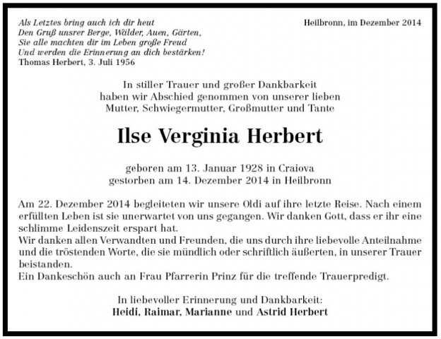 Herbert Ilse 1928-2014 Todesanzeige